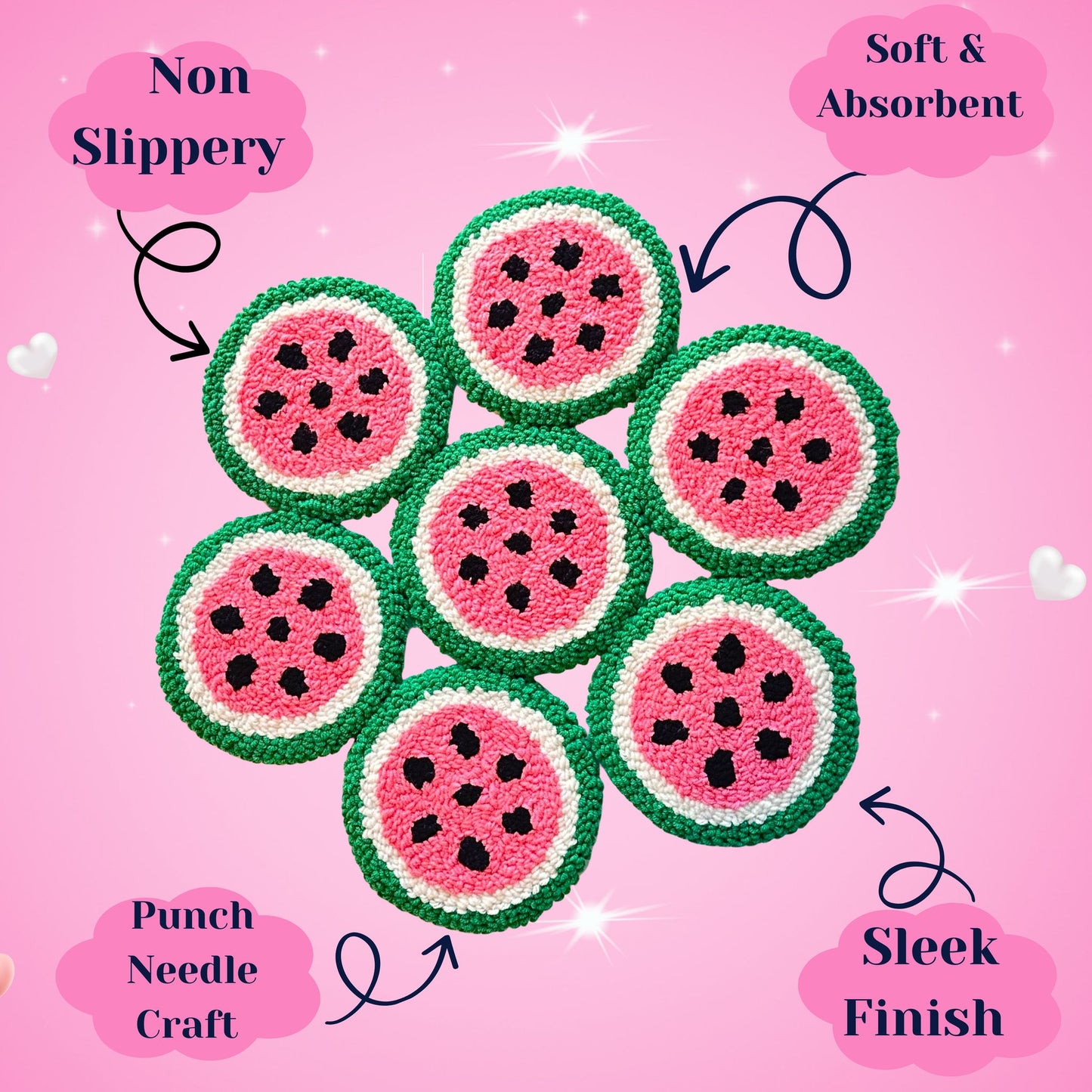 Watermelon Punch Needle Coasters – Handmade, Non-Slip