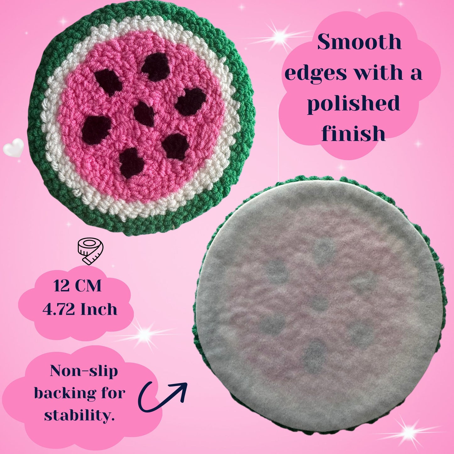 Watermelon Punch Needle Coasters – Handmade, Non-Slip
