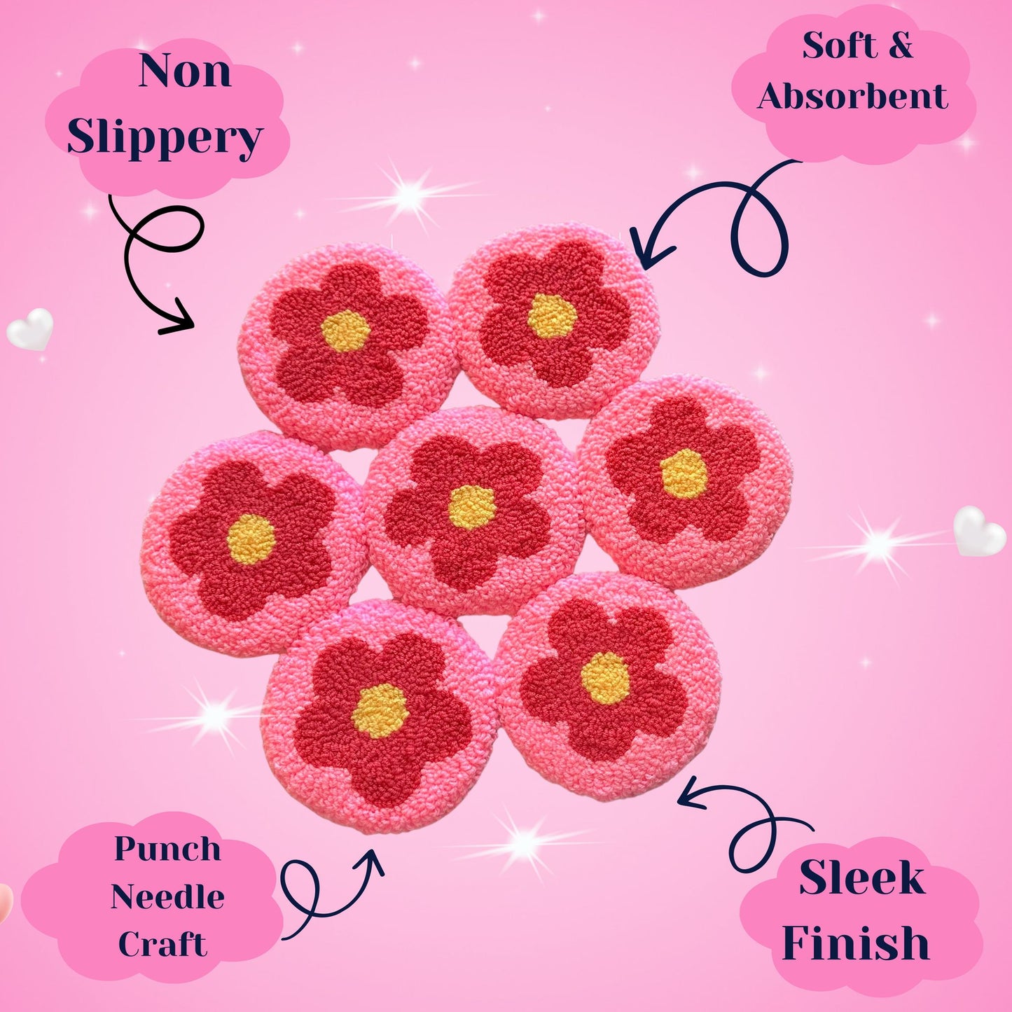 Daisy Punch Needle Coasters – Handmade, Non-Slip