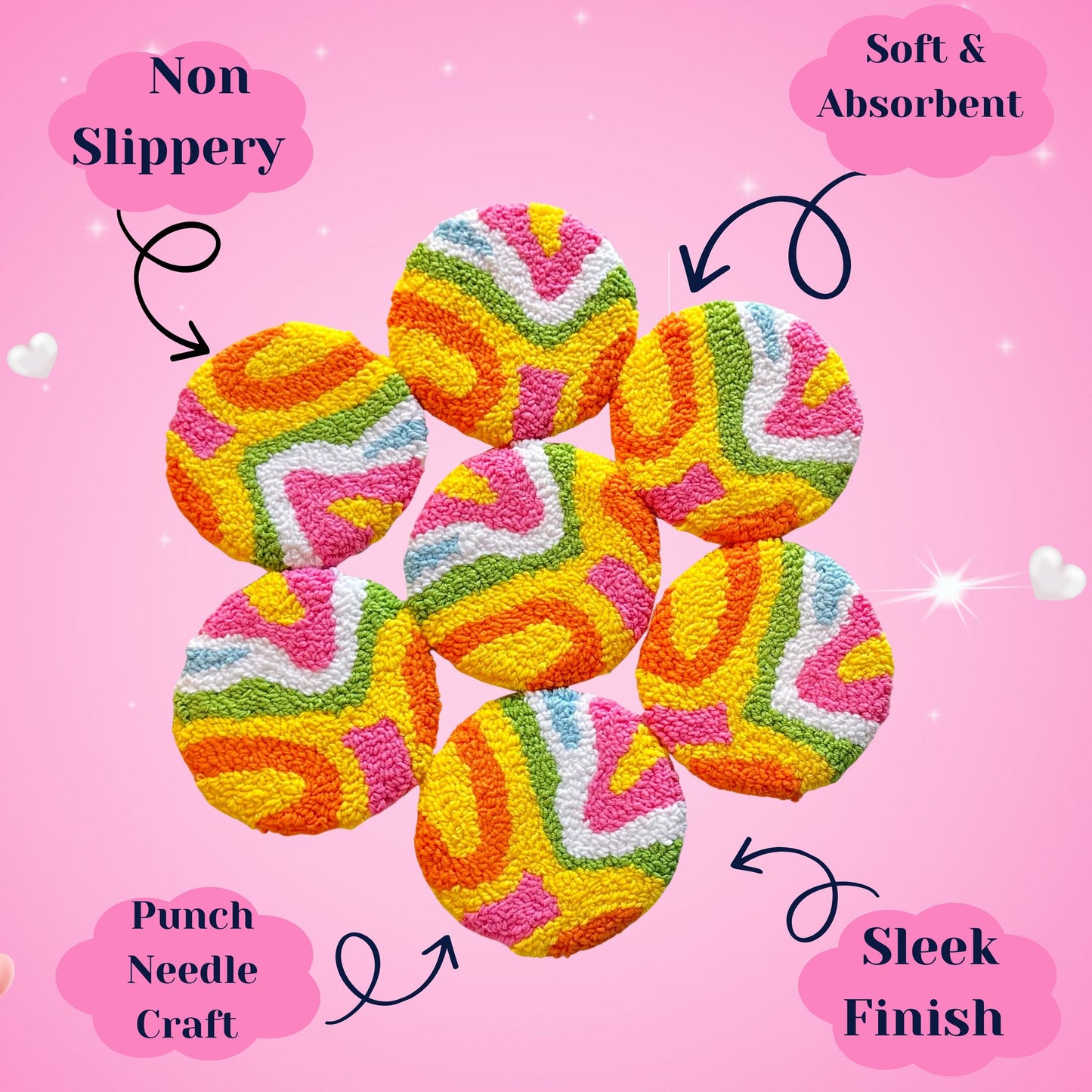 Vibrant Punch Needle Coasters – Handmade, Non-Slip