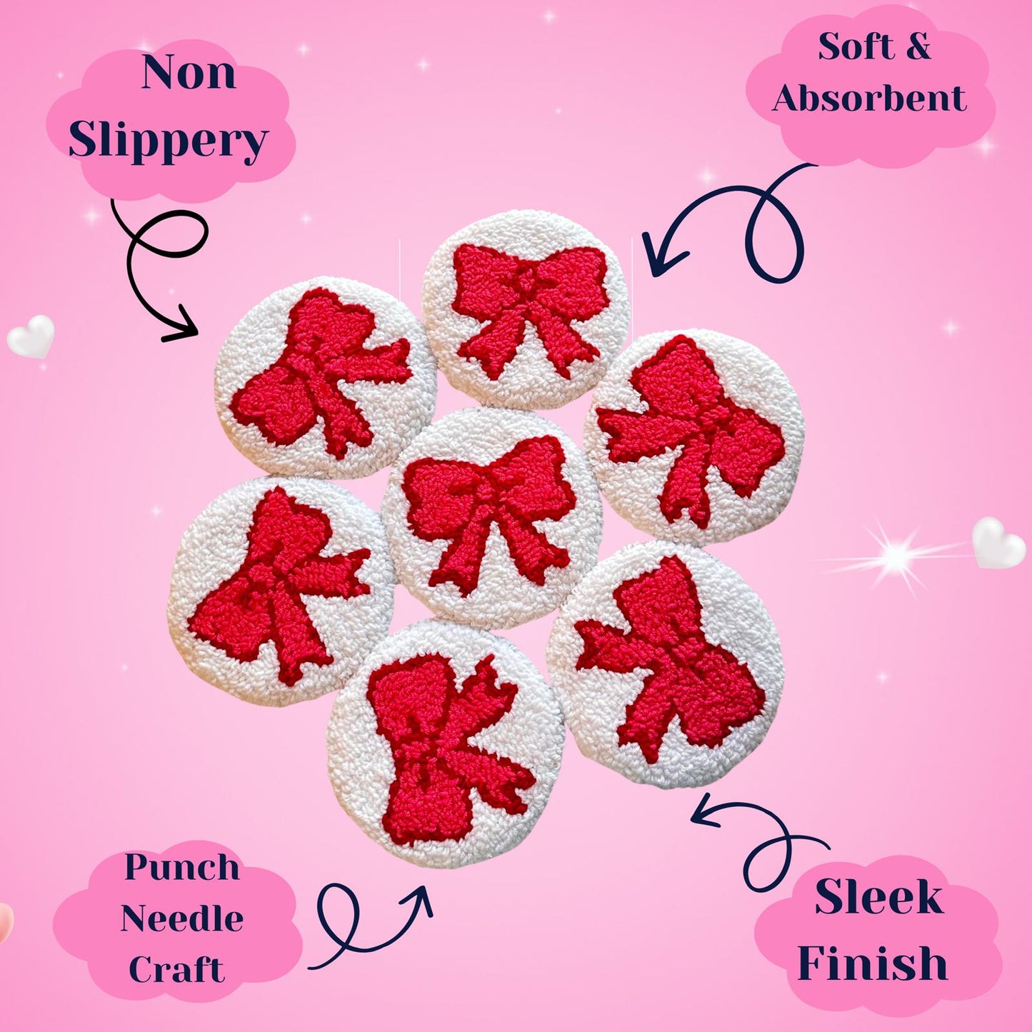 Coquette Punch Needle Coasters – Handmade, Non-Slip